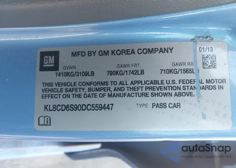 2013 Chevrolet Spark 1Lt Auto from USA, damaged, VIN KL8CD6S90DC559447